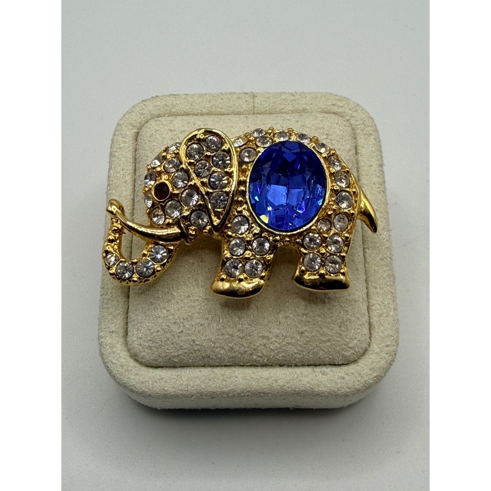 Vintage Gold Tone Blue Crystal Elephant Brooch Rhinestone Lucky Animal Pin